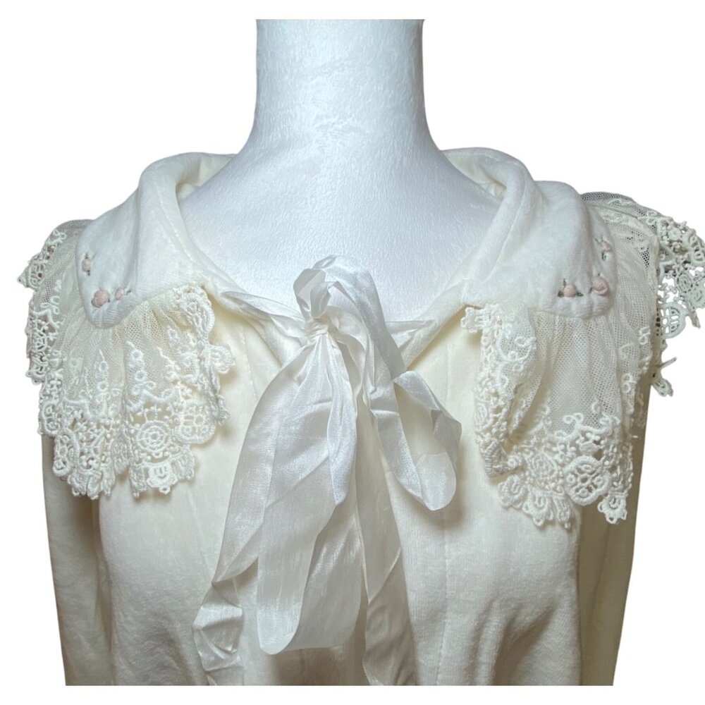 Ivory Cream Lace Collar Bed‎ Jacket Floral Embroidery Romantic Cottagecore